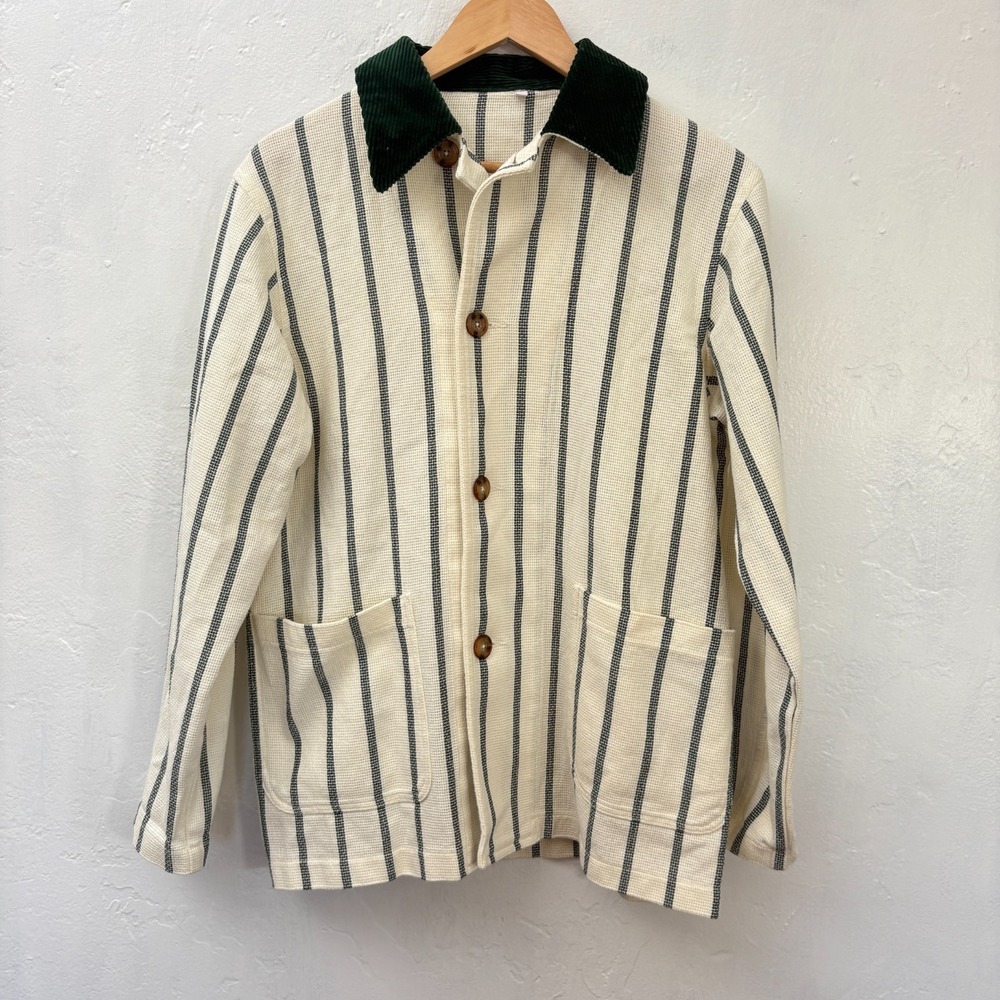 Hast Paris Work Jacket Men Size XS Green White Stripes Ecru Cotton